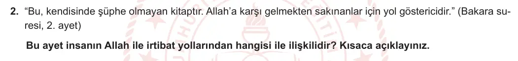 10. Sınıf Din Kültürü ve Ahlak Bilgisi 2023-2024 1. Dönem 2. Yazılı 1. Bölüm 2. Soru görseli