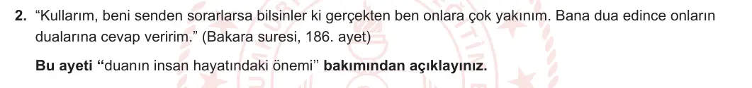 10. Sınıf Din Kültürü ve Ahlak Bilgisi 2023-2024 1. Dönem 2. Yazılı 2. Bölüm 2. Soru görseli