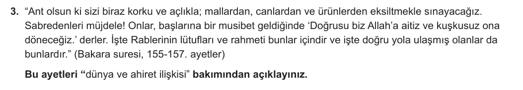 11. Sınıf Din Kültürü ve Ahlak Bilgisi 2023-2024 1. Dönem 2. Yazılı 1. Bölüm 3. Soru görseli
