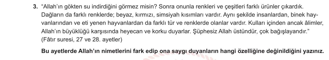12. Sınıf Din Kültürü ve Ahlak Bilgisi 2023-2024 1. Dönem 2. Yazılı 1. Bölüm 3. Soru görseli