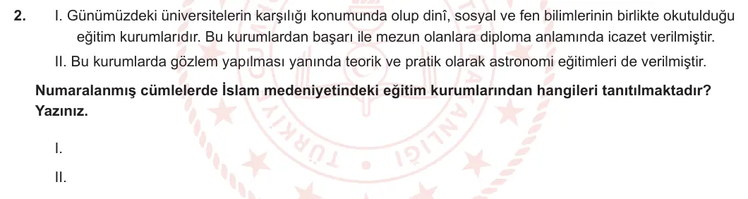 12. Sınıf Din Kültürü ve Ahlak Bilgisi 2023-2024 1. Dönem 2. Yazılı 2. Bölüm 2. Soru görseli