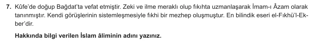 12. Sınıf Din Kültürü ve Ahlak Bilgisi 2023-2024 1. Dönem 2. Yazılı 2. Bölüm 7. Soru görseli