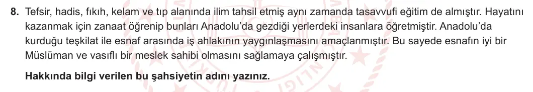 12. Sınıf Din Kültürü ve Ahlak Bilgisi 2023-2024 1. Dönem 2. Yazılı 2. Bölüm 8. Soru görseli