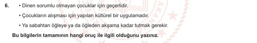 5. Sınıf Din Kültürü ve Ahlak Bilgisi 2023-2024 1. Dönem 2. Yazılı 1. Bölüm 6. Soru görseli