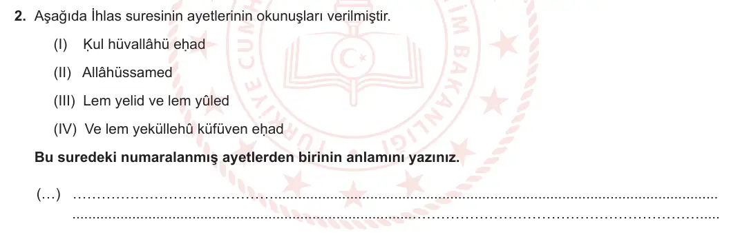 5. Sınıf Din Kültürü ve Ahlak Bilgisi 2023-2024 1. Dönem 2. Yazılı 2. Bölüm 2. Soru görseli