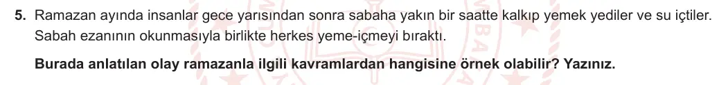 5. Sınıf Din Kültürü ve Ahlak Bilgisi 2023-2024 1. Dönem 2. Yazılı 2. Bölüm 5. Soru görseli