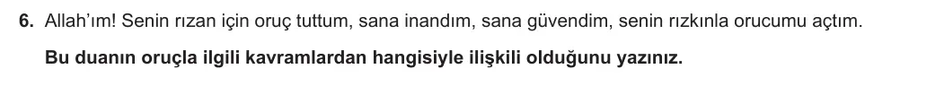 5. Sınıf Din Kültürü ve Ahlak Bilgisi 2023-2024 1. Dönem 2. Yazılı 2. Bölüm 6. Soru görseli