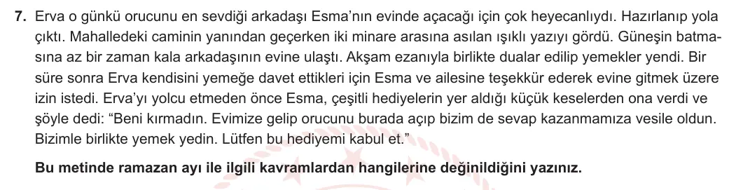 5. Sınıf Din Kültürü ve Ahlak Bilgisi 2023-2024 1. Dönem 2. Yazılı 2. Bölüm 7. Soru görseli