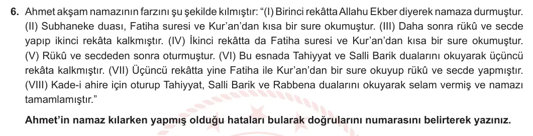 6. Sınıf Din Kültürü ve Ahlak Bilgisi 2023-2024 1. Dönem 2. Yazılı 1. Bölüm 6. Soru görseli