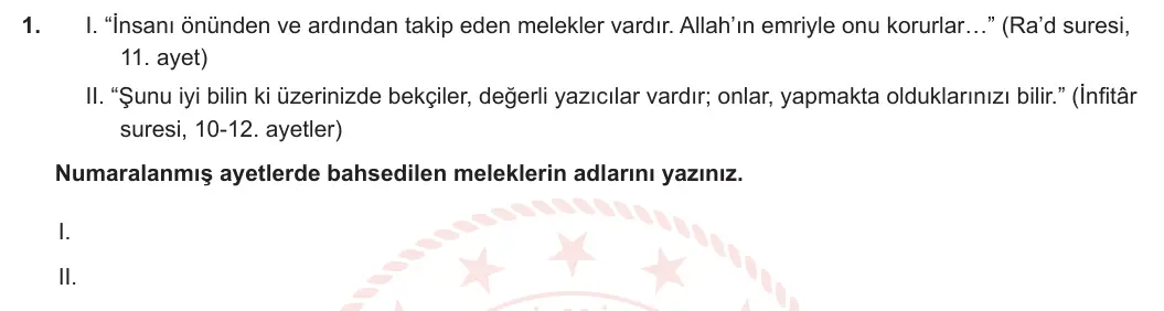 7. Sınıf Din Kültürü ve Ahlak Bilgisi 2023-2024 1. Dönem 2. Yazılı 2. Bölüm 1. Soru görseli