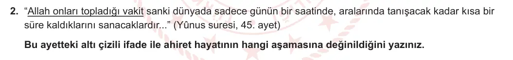 7. Sınıf Din Kültürü ve Ahlak Bilgisi 2023-2024 1. Dönem 2. Yazılı 2. Bölüm 2. Soru görseli