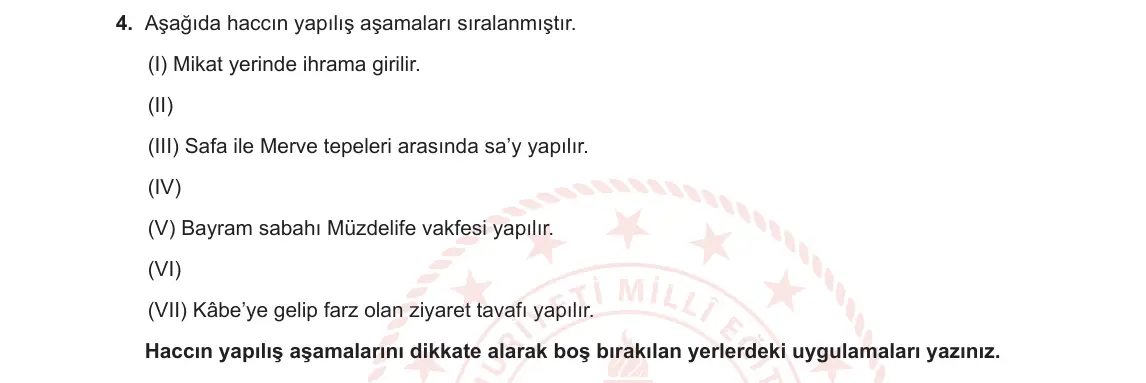 7. Sınıf Din Kültürü ve Ahlak Bilgisi 2023-2024 1. Dönem 2. Yazılı 2. Bölüm 4. Soru görseli