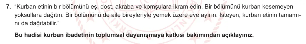 7. Sınıf Din Kültürü ve Ahlak Bilgisi 2023-2024 1. Dönem 2. Yazılı 2. Bölüm 7. Soru görseli