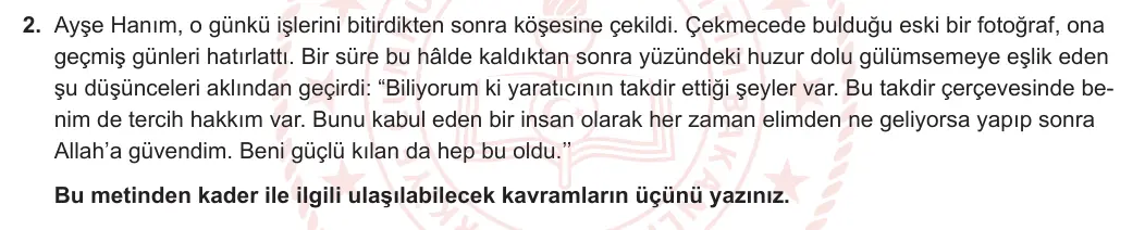 8. Sınıf Din Kültürü ve Ahlak Bilgisi 2023-2024 1. Dönem 2. Yazılı 1. Bölüm 2. Soru görseli