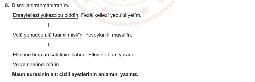 8. Sınıf Din Kültürü ve Ahlak Bilgisi 2023-2024 1. Dönem 2. Yazılı 2. Bölüm 8. Soru görseli
