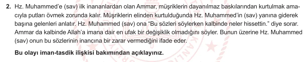 9. Sınıf Din Kültürü ve Ahlak Bilgisi 2023-2024 1. Dönem 2. Yazılı 1. Bölüm 2. Soru görseli
