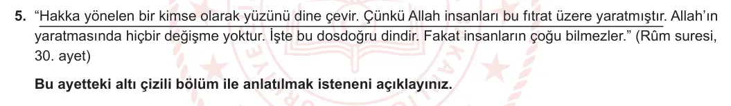 9. Sınıf Din Kültürü ve Ahlak Bilgisi 2023-2024 1. Dönem 2. Yazılı 2. Bölüm 5. Soru görseli