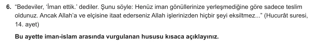 9. Sınıf Din Kültürü ve Ahlak Bilgisi 2023-2024 1. Dönem 2. Yazılı 2. Bölüm 6. Soru görseli