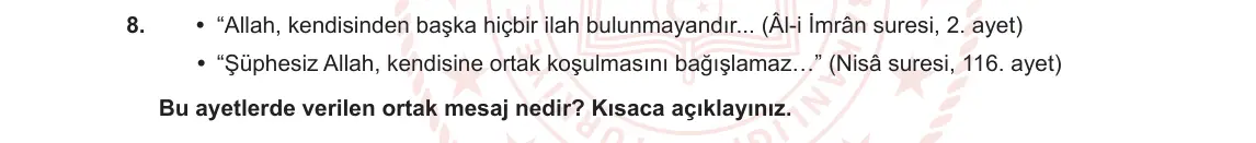 9. Sınıf Din Kültürü ve Ahlak Bilgisi 2023-2024 1. Dönem 2. Yazılı 2. Bölüm 8. Soru görseli