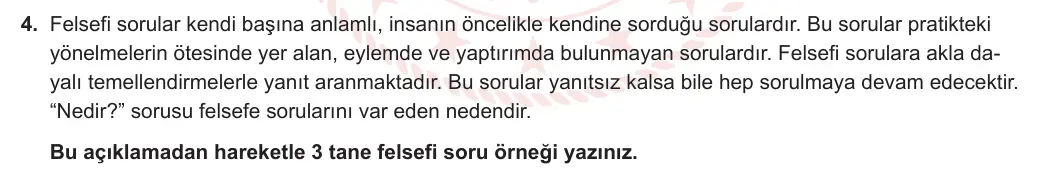10. Sınıf Felsefe 2023-2024 1. Dönem 2. Yazılı 1. Bölüm 4. Soru görseli