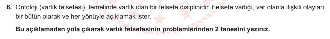 10. Sınıf Felsefe 2023-2024 1. Dönem 2. Yazılı 1. Bölüm 6. Soru görseli