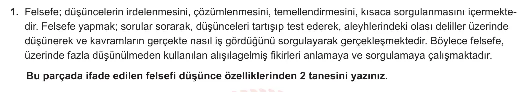 10. Sınıf Felsefe 2023-2024 1. Dönem 2. Yazılı 2. Bölüm 1. Soru görseli