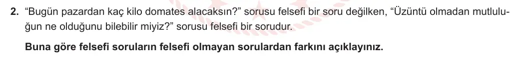 10. Sınıf Felsefe 2023-2024 1. Dönem 2. Yazılı 2. Bölüm 2. Soru görseli