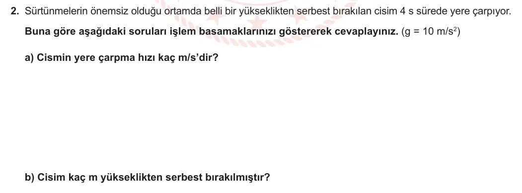 11. Sınıf Fizik 2023-2024 1. Dönem 2. Yazılı 2. Bölüm 2. Soru görseli