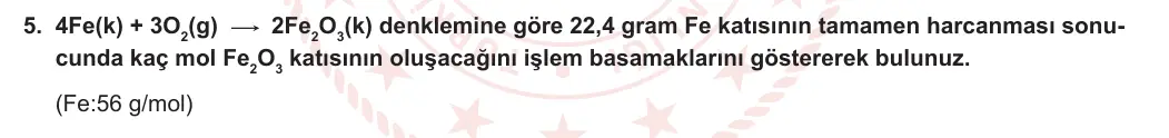 10. Sınıf Kimya 2023-2024 1. Dönem 2. Yazılı 2. Bölüm 5. Soru görseli