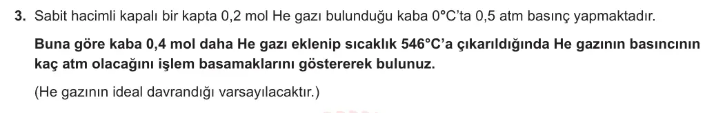 11. Sınıf Kimya 2023-2024 1. Dönem 2. Yazılı 3. Bölüm 3. Soru görseli
