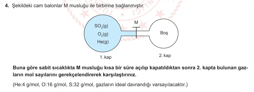 11. Sınıf Kimya 2023-2024 1. Dönem 2. Yazılı 3. Bölüm 4. Soru görseli