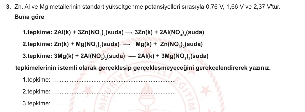 12. Sınıf Kimya 2023-2024 1. Dönem 2. Yazılı 1. Bölüm 3. Soru görseli