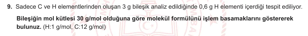 12. Sınıf Kimya 2023-2024 1. Dönem 2. Yazılı 1. Bölüm 9. Soru görseli