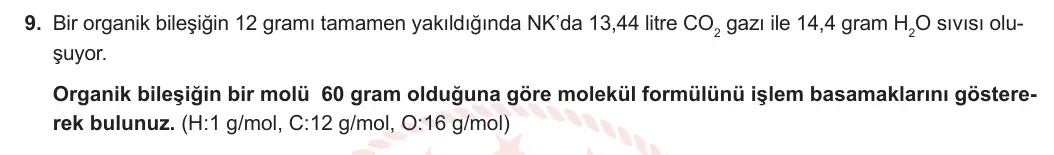 12. Sınıf Kimya 2023-2024 1. Dönem 2. Yazılı 3. Bölüm 9. Soru görseli