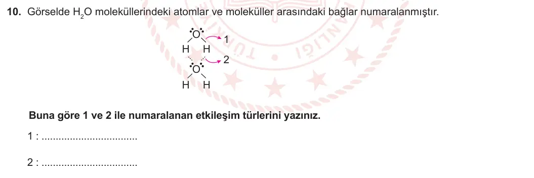 9. Sınıf Kimya 2023-2024 1. Dönem 2. Yazılı 1. Bölüm 10. Soru görseli