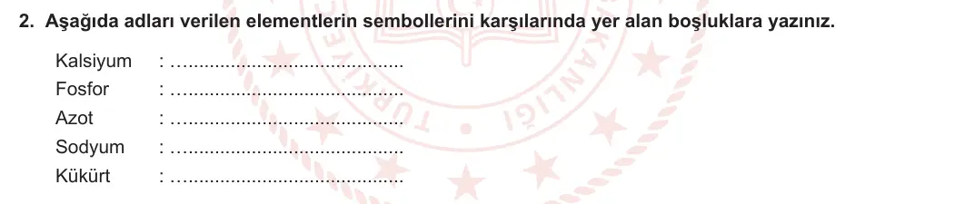 9. Sınıf Kimya 2023-2024 1. Dönem 2. Yazılı 1. Bölüm 2. Soru görseli