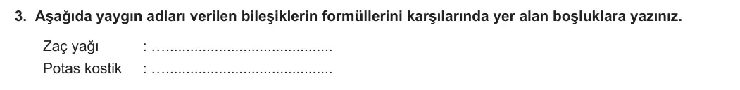 9. Sınıf Kimya 2023-2024 1. Dönem 2. Yazılı 1. Bölüm 3. Soru görseli