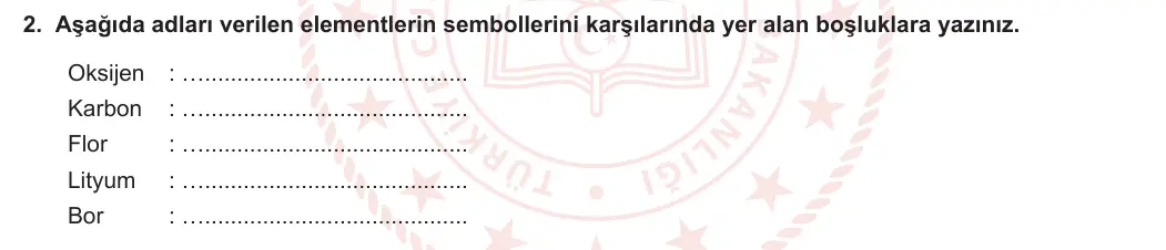 9. Sınıf Kimya 2023-2024 1. Dönem 2. Yazılı 2. Bölüm 2. Soru görseli