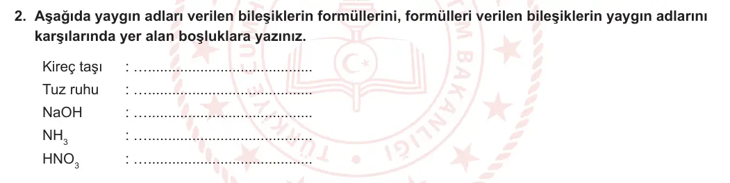 9. Sınıf Kimya 2023-2024 1. Dönem 2. Yazılı 3. Bölüm 2. Soru görseli