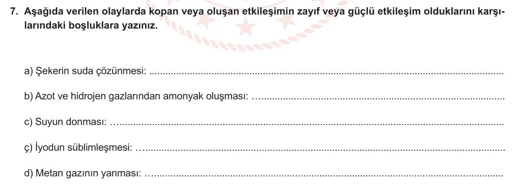 9. Sınıf Kimya 2023-2024 1. Dönem 2. Yazılı 3. Bölüm 7. Soru görseli
