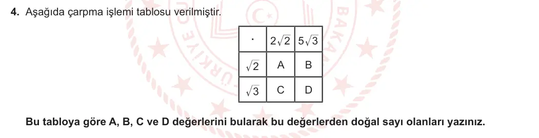 8. Sınıf Matematik 2023-2024 1. Dönem 2. Yazılı 1. Bölüm 4. Soru görseli