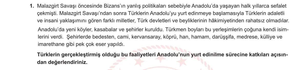 6. Sınıf Sosyal Bilgiler 2023-2024 1. Dönem 2. Yazılı 1. Bölüm 1. Soru görseli