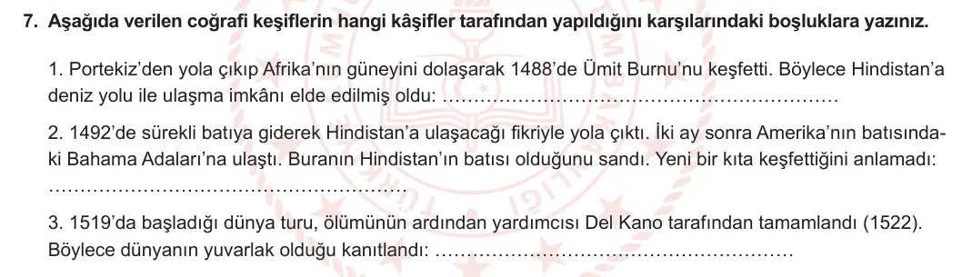 7. Sınıf Sosyal Bilgiler 2023-2024 1. Dönem 2. Yazılı 2. Bölüm 7. Soru görseli