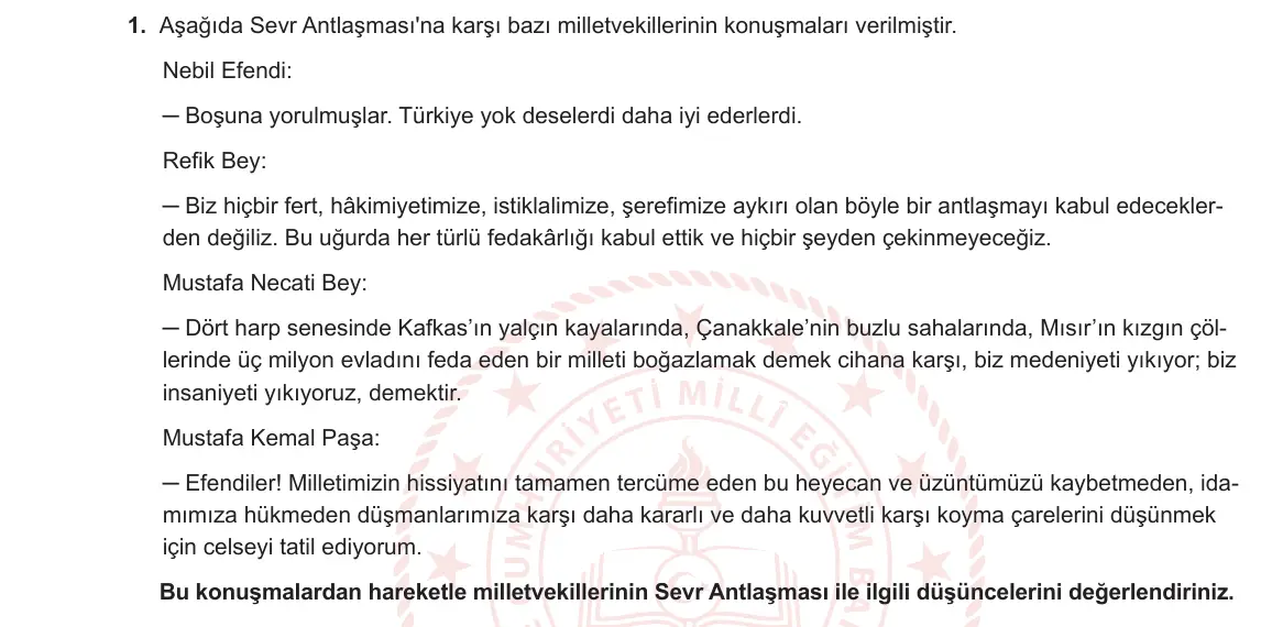 8. Sınıf T.C. İnkılap Tarihi ve Atatürkçülük 2023-2024 1. Dönem 2. Yazılı 1. Bölüm 1. Soru görseli