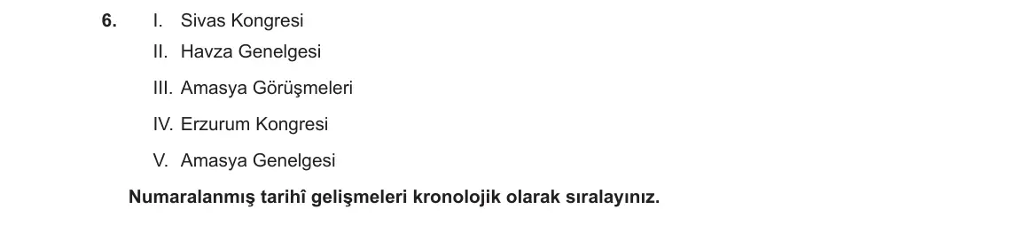 8. Sınıf T.C. İnkılap Tarihi ve Atatürkçülük 2023-2024 1. Dönem 2. Yazılı 1. Bölüm 6. Soru görseli