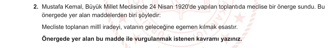 8. Sınıf T.C. İnkılap Tarihi ve Atatürkçülük 2023-2024 1. Dönem 2. Yazılı 2. Bölüm 2. Soru görseli