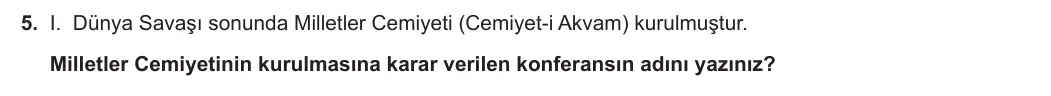 8. Sınıf T.C. İnkılap Tarihi ve Atatürkçülük 2023-2024 1. Dönem 2. Yazılı 2. Bölüm 5. Soru görseli