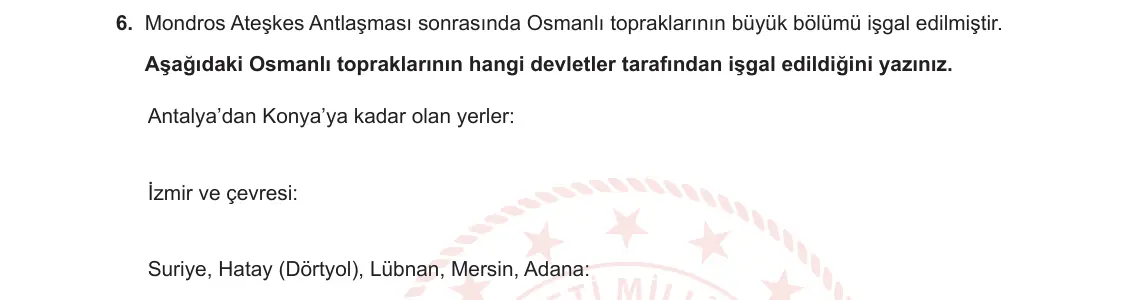 8. Sınıf T.C. İnkılap Tarihi ve Atatürkçülük 2023-2024 1. Dönem 2. Yazılı 2. Bölüm 6. Soru görseli