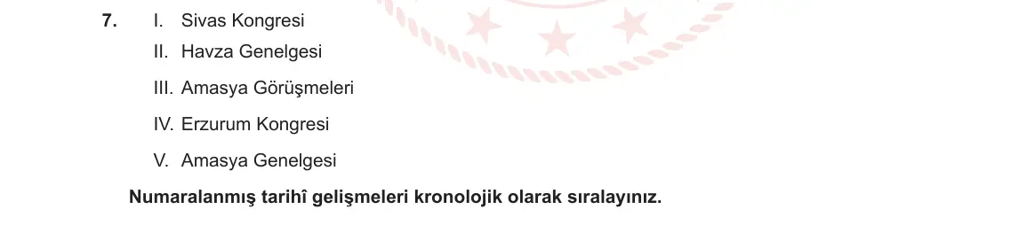 8. Sınıf T.C. İnkılap Tarihi ve Atatürkçülük 2023-2024 1. Dönem 2. Yazılı 2. Bölüm 7. Soru görseli