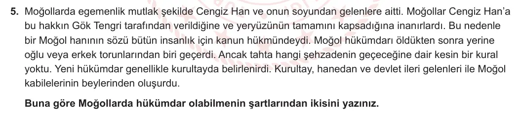 9. Sınıf Tarih 2023-2024 1. Dönem 2. Yazılı 1. Bölüm 5. Soru görseli
